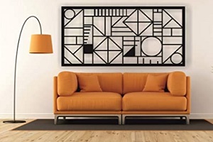acrylic wall art with orange sofas