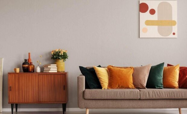 retro style in beautiful living room interior with grey empty wall
