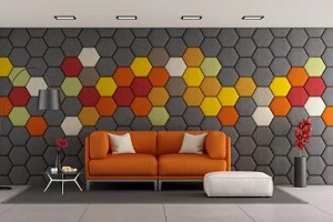 beautiful living room with colorful acoustic panels