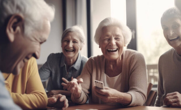 group of senior friends enjoying a game of cards at a modern
