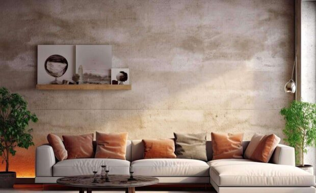 background interior of living room with light-colored concrete walls