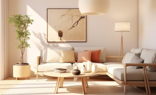 3d rendering of modern living room with white sofa with white wall covering