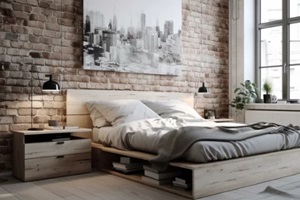 brick style wall coverings in the bedroom