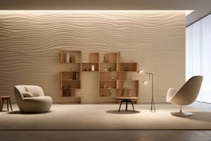 product display featuring textured beige 3D wall