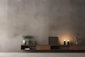 built-in wooden shelving on commercial wallcoverings in the living room