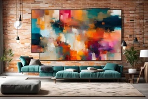 cheerful and happy mood sitting room with wooden commercial wall coverings and colorful abstract painting art wall hanging picture
