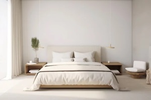 white bedroom interior with earth tone commercial wall covering design