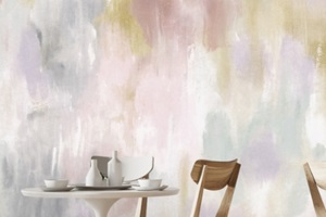 colorful digital wall covering with chair and tea table