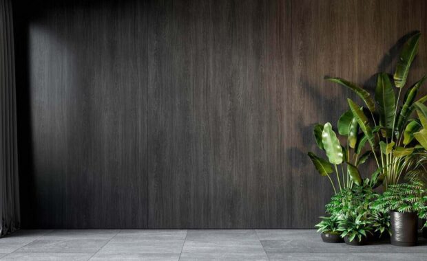 black interior with wooden pattern custom wall covering