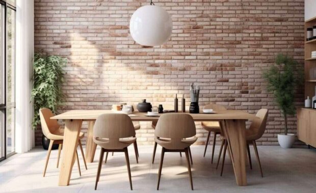 modern dining set placed in Scandinavian style living room with brick custom wall covering
