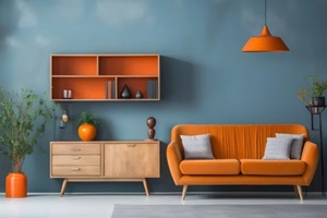 vibrant orange sofa near blue custom wall coverings with wooden cabinet and shelves
