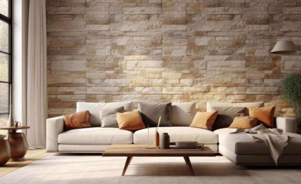 corner sofa against window in room with stone cladding walls Farmhouse style interior design of modern living room