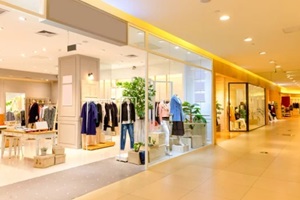 interior of shopping mall with digital wall coverings