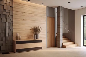 interior stylish modern wooden textured custom wall coverings in entrance hallway decor with cozy wooden tone