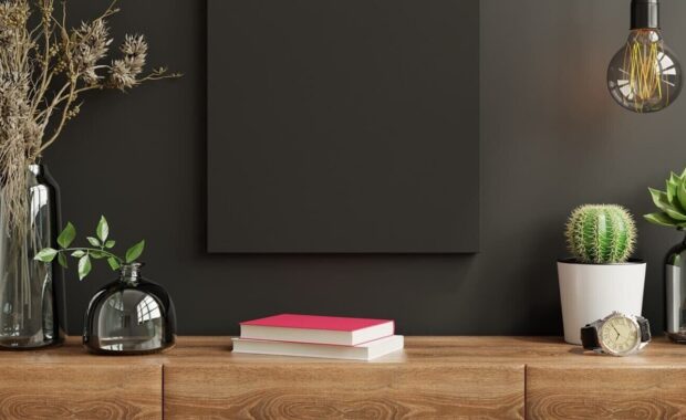 mockup frame on cabinet in living room interior on empty dark digital wall coverings
