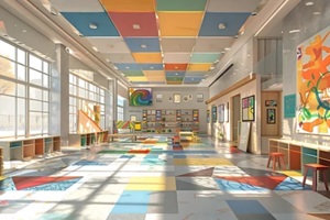 eco-school’s art room with rubber flooring, acoustic ceiling panels