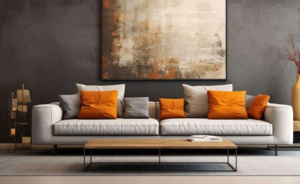 modern creative living room interior with grey custom wall covering
