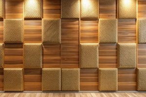 wooden wall background with board panel pattern and brown acoustic panels