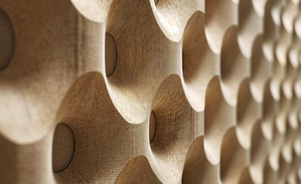 wall of 3D printed acoustic wall art panels made from recycled textiles