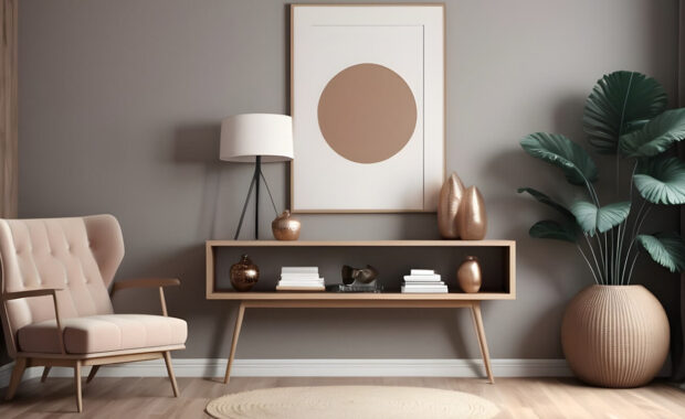 console table with decor near grey digital wall coverings with armchair and wooden floor