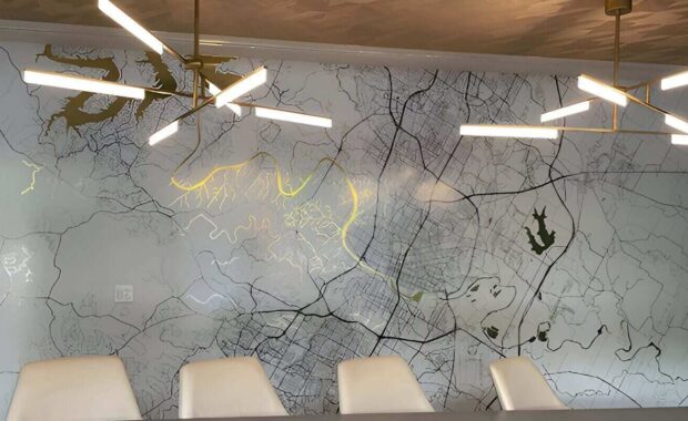 digital wall covering of map in corporate office