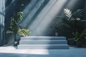 modern minimalistic interior with steps and indoor plants