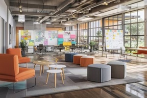 modern, open-plan office space designed for collaboration, featuring modular furniture, whiteboards filled with colorful notes, and a casual seating area where young professionals brainstorm ideas