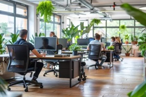 bright and airy modern office with acoustic wall art with employees working at their desks