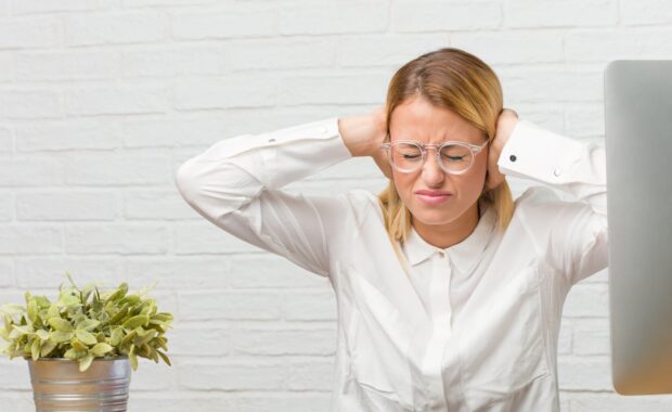 office worker in loud open space