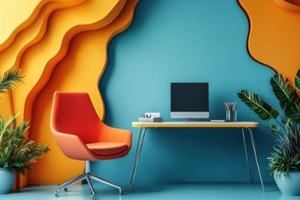 brightly colored office with orange and blue digital wall covering behind desk, workspace