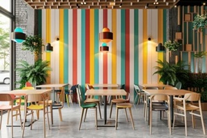 modern and colorful cafe interior with minimalist wooden furniture and striped walls