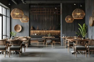 modern interior of a restaurant with dark gray digital wall coverings