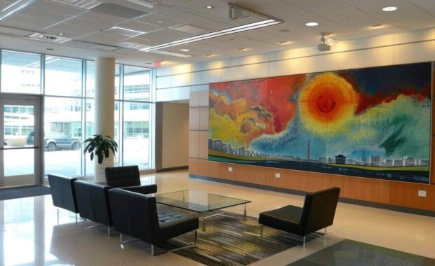 modern office lobby with colorful digital wall covering