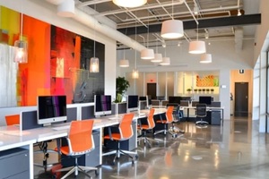 multi-color digital wall covering in open space office