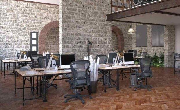 industrial office with brick custom wallcoverings and modern decor