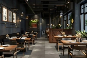 modern interior of restaurant with dark gray walls