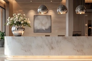 modern marble reception desk in a hotel lobby with white flowers in a vase