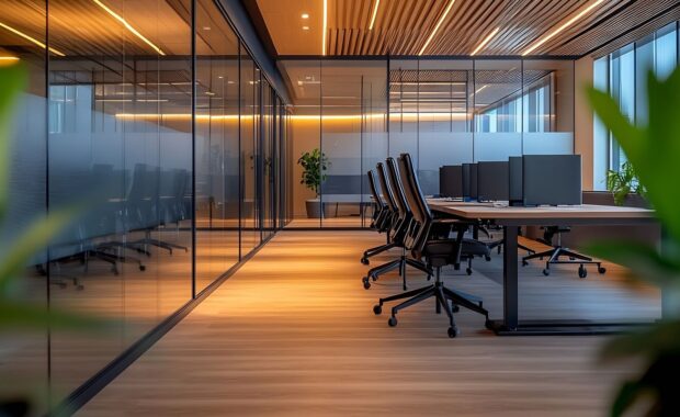 modern office space featuring sleek palm digital wall coverings