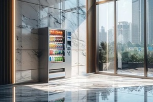 office with a vending machine in front of a floor-to-ceiling window next to a clean wall