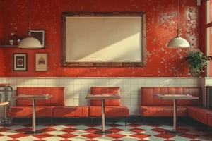 retro diner with a blank menu board on the wall