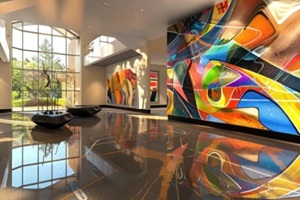 suburban modern foyer with a custom wall covering mural, interactive digital art display