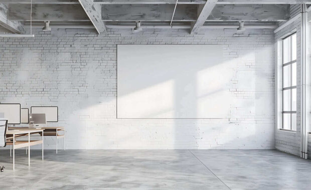 white brick open space office interior room with white brick custom wall covering