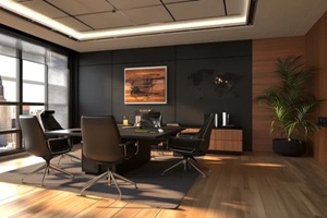 modern small office space wih dark digital wall covering