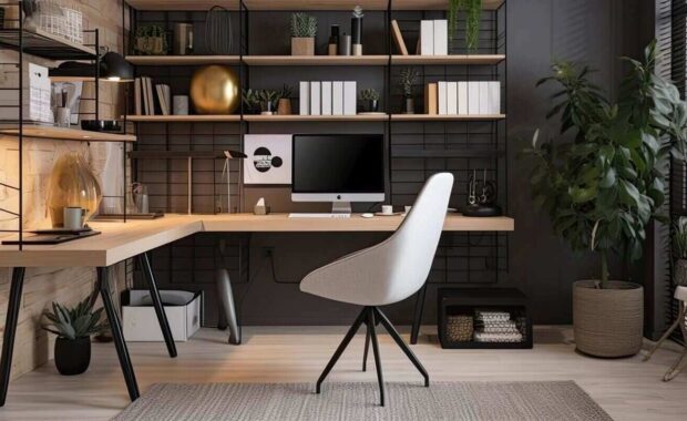 modern small office with chair and desk and grey digital wall covering