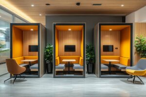 Pod cubicles with wooden custom wall coverings