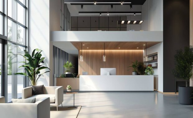 modern office lobby with a reception desk with wooden textured custom wall coverings