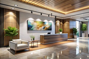 reception desk with acoustic wall art