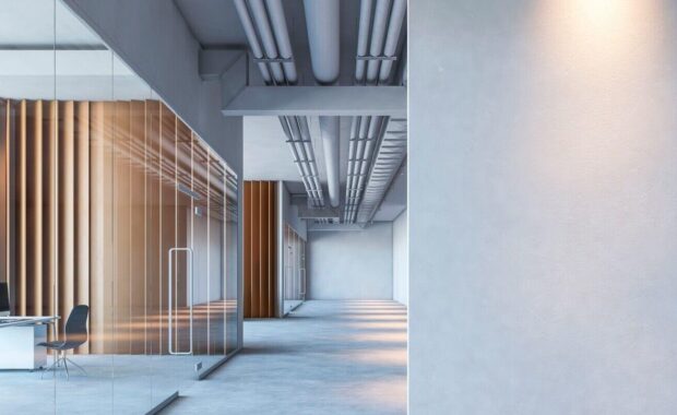 front view on blank grey partition with place for your poster or picture frame in modern interior design office with wooden walls background