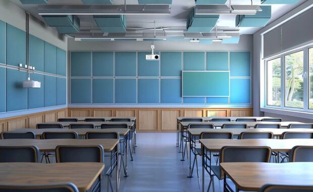 modern classroom with acoustic panels for sound control
