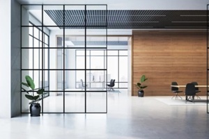 modern office interior with glass partitions, wooden walls, and minimalistic furniture in spacious, bright workspace